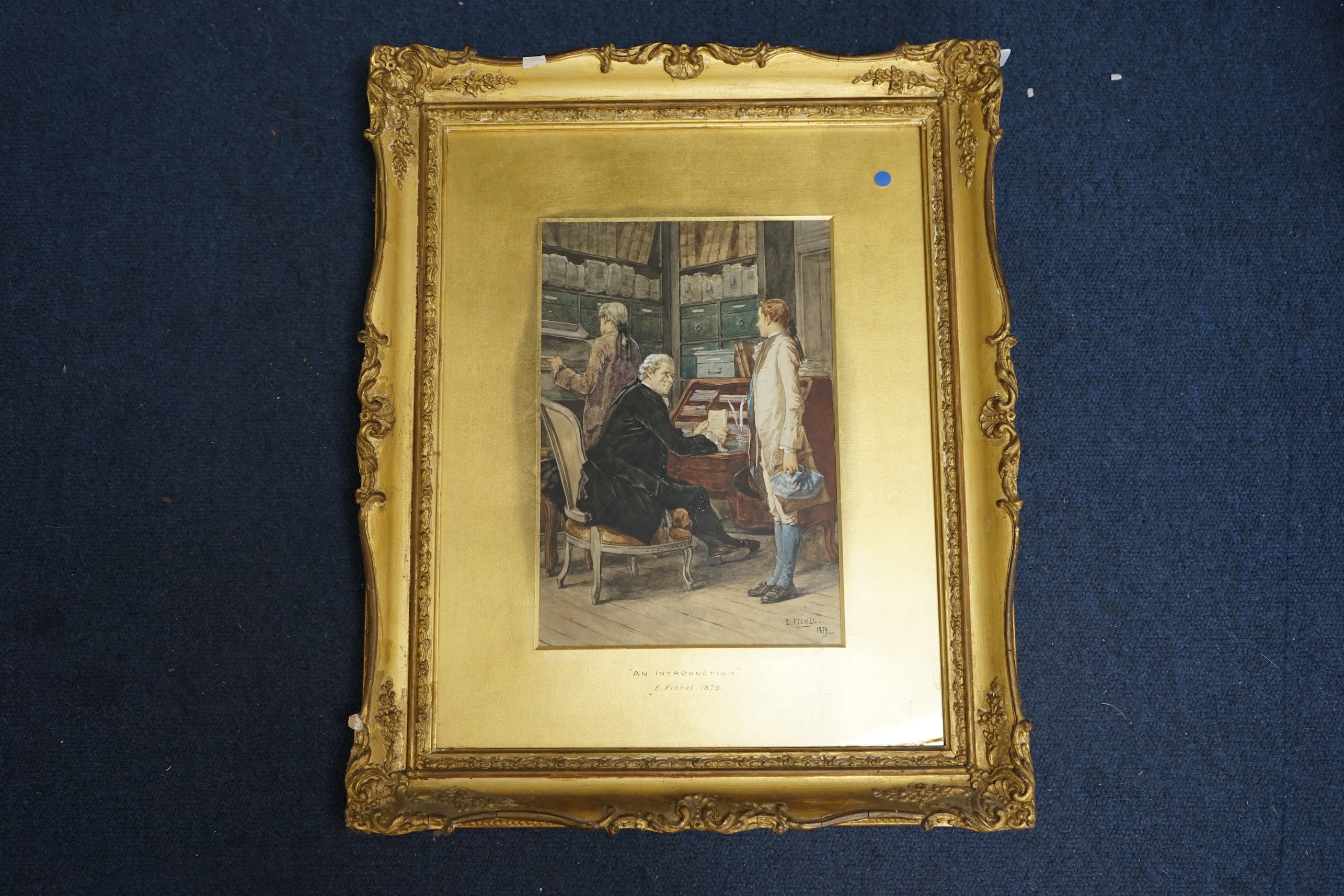 Eugene Benjamin Fichel (French, 1826-1895), watercolour, ‘The Introduction’, signed and dated 1879, 26 x 17cm, ornate gilt framed. Condition - fair to good, discolouration to the mount